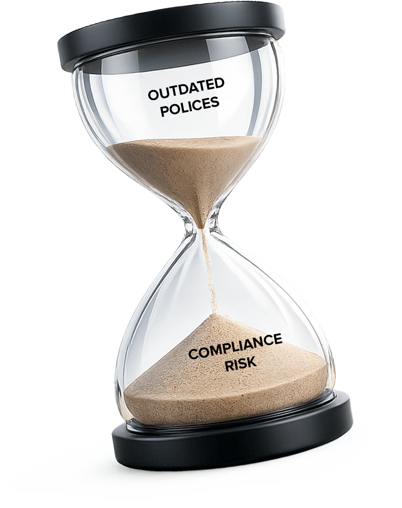 Hourglass showing outdated policies and compliance risk